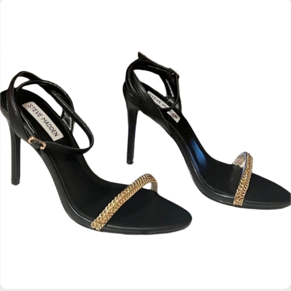 Steve Madden Marie Black Strappy Heels Gold Chain Detail Size 6.5 - Picture 6 of 8